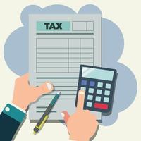 handhåll skatteformulär, kalkylator och penna. skattebetalning koncept vektor