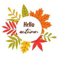 Rundes Banner mit Herbstlaub. die inschrift hallo herbst. flache vektorillustration vektor