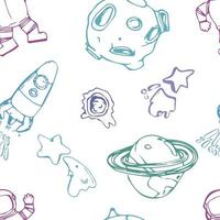 Raumnahtloses Musterdruckdesign für Kinder mit kosmischen Elementen, Raketen, Teer, Planeten, Raumschiffen. Design für Modestoffe, Textilgrafiken, Drucke. handgezeichnetes sonnensystem. vektor