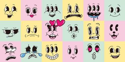 Jahrgang 30er 40er 50er Cartoon ausdrucksstarke Augen und Mund, lächelnd, weinend und überrascht Charakter Gesichtsausdrücke Emoji Set Premium-Vektor