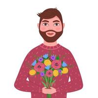 Mann mit Blumenstrauß, Kurier, Ehemann, Freund. alles gute zum geburtstag, valentinstag. Illustration für Hintergründe, Grußkarten, Poster und saisonales Design. isoliert auf weißem Hintergrund. vektor