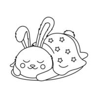 lustiges Kaninchen, das von einer Decke bedeckt schläft. Schwarz-Weiß-Illustration für Malbuch vektor