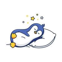 söt pingvin sover på kudde. tecknad vektor ikon illustration. djur sömn ikon koncept isolerade premium vektor. platt tecknad stil