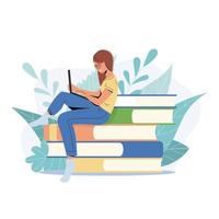 student flicka studerar med laptop. ung kvinna sitter på högen av böcker, få kunskap online vektor