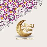 luxuriöses und elegantes design ramadan kareem mit arabischer kalligrafie, halbmond und islamischen dekorativen bunten details aus mosaik für islamische grüße.vektorillustration. vektor