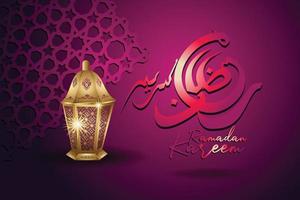 luxuriöses und elegantes design ramadan kareem mit arabischer kalligrafie, traditioneller laterne und islamischem dekorativem buntem detail des mosaiks für islamische grüße.vektorillustration.