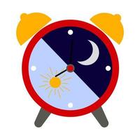 Weckersymbol, flache Farbdarstellung eines Weckers mit Mond und Sonne, Tag und Nacht. Vektor isoliert auf weißem Hintergrund