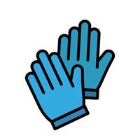 Flache Ikone der blauen Handschuhe. hände, die medizinische schutzhandschuhe anziehen. vektorabbildung auf weiß vektor
