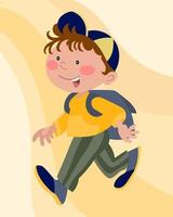 illustration, süßer lustiger junge mit einer schultasche läuft zur schule. ein Junge in einem Body-Shirt und einer Mütze. Cartoon-Illustration, Vektor