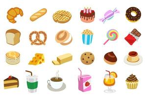 Lebensmittel- und Getränkevektor-Bäckereiarten wie Croissants, Waffeln, Kuchen, Brot, Kekse, Schokolade, Milch, Tee, Kaffee. vektor