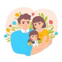 lycklig familj kramar koncept. pappa, mamma, dotter och katt. ukrainska människor på hjärtat blomma bakgrund. vektorillustration i platt tecknad stil isolerad på vitt. blågula färger. vektor
