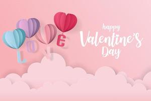 Kärlek- och valentinkort med hjärtballonger och moln i papperssnittstil vektor