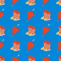 röda gummistövlar och paraply på blå. gummistövlar. höst bakgrund med paraplyer och stövlar. regnig samling. handritad färgade platt sömlösa mönster med höstelement, illustrationer. vektor