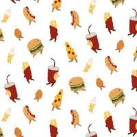 vektormuster mit pizza, hamburger, pommes frites, gebratenem huhn, eis, hotdog, sodagetränk auf weißem hintergrund. handgezeichnete illustration. fast-food-charaktere gehen im karikaturstil.