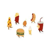 satz pizza, hamburger, pommes frites, frittiertes huhn, eis, hotdog, sodagetränkvektorillustration. fast-food-charaktere gehen im karikaturstil. vektor