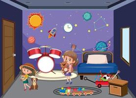 sovrum i rymden galxy tema med barn seriefigur vektor