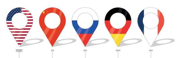 land flagg plats tecken. Förenta staterna, Kina, Ryssland, Tyskland och Frankrike flaggikoner. flaggor för länder med incheckningar. vektor ikon av enkla former av punkt för plats.