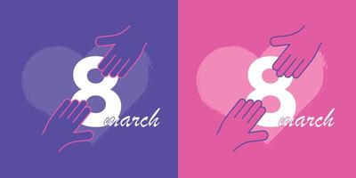 8 mars ikon och logotyp design set. uppsättning av 8 mars internationella kvinnodagen designlogotyp i rosa och lila färger. hjärta och händer vidrör nummer 8. modern banner design. vektor