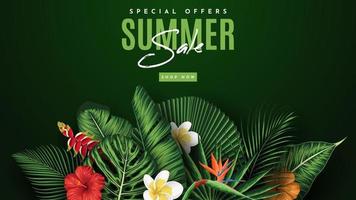 sommar försäljning banner med tropiska löv bakgrund. vektor illustration