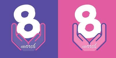 Nummer 8 auf Händen, modernes Logo und Posterdesign. Set mit 8. März Design-Logo zum Internationalen Frauentag in rosa und violetten Farben. vektor