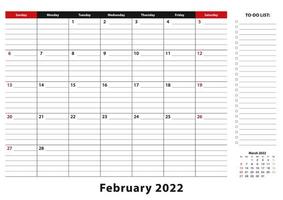 Februar 2022 monatliche Schreibtischunterlage Kalenderwoche beginnt am Sonntag, Größe A3. vektor