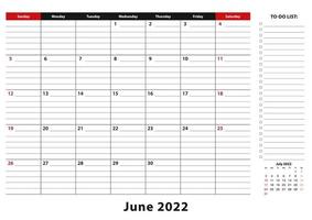 Juni 2022 monatliche Schreibtischunterlage Kalenderwoche beginnt am Sonntag, Größe A3. vektor