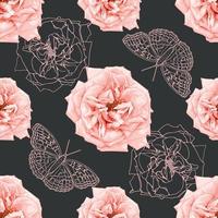 Nahtloses Muster mit rosafarbenen Rosenblüten und abstraktem Hintergrund des Schmetterlings. Vektorgrafik-Aquarell-Handzeichnung. Für Stoffmuster-Druckdesign.