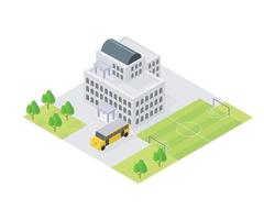 Schulgebäude mit Fußballplatz und Schulauto vektor