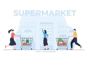 supermarkt mit regalen, lebensmittelartikeln und vollem einkaufswagen, einzelhandel, produkten und verbrauchern in flacher karikaturhintergrundillustration vektor