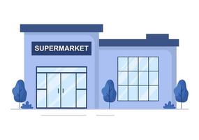 supermarktgebäude mit regalen, lebensmittelartikeln und vollem einkaufswagen, einzelhandel, produkten und verbrauchern in flacher karikaturhintergrundillustration