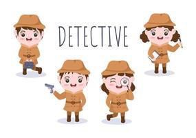 Cartoon-Privatdetektiv oder Detektiv für Kinder, der Informationen sammelt, um Verbrechen mit Geräten wie Lupen und anderen in Hintergrundillustration aufzuklären vektor