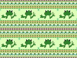 nahtloses muster der froschkarikaturfigur auf grünem hintergrund. pixelart vektor