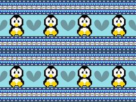 nahtloses muster der pinguinzeichentrickfilm-figur auf blauem hintergrund. Pixel-Stil vektor