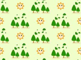 sol och träd seriefigur seamless mönster på grön bakgrund vektor