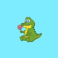 tecknad söt krokodil sitter och håller en klubba. vektor illustration