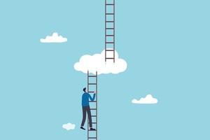 Fortschritt auf die nächste Stufe, Karriereentwicklung oder Geschäftsverbesserung, um bessere Qualität, Wachstum oder wachsendes Konzept zu erreichen, ehrgeiziger Geschäftsmann, der die Leiter zur Cloud-Ebene hinaufsteigt, um die nächste Stufe zu erreichen.