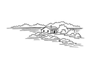 Landschaft mit Landhaus. handgezeichnete illustration in vektor umgewandelt.