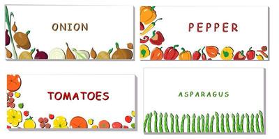 eine reihe heller vektorbanner, rahmen aus pfeffer, tomate, spargel und zwiebeln. frisches Cartoon-Gemüse. die illustration wird für magazin, buch, poster, postkarte, menücover, webseiten verwendet. vektor
