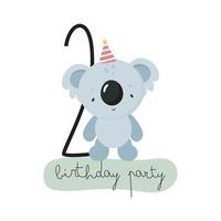 födelsedagsfest, gratulationskort, festinbjudan. barnillustration med söt koala och nummer två. vektor illustration i tecknad stil.
