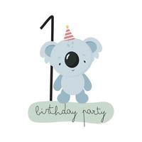 födelsedagsfest, gratulationskort, festinbjudan. barnillustration med söt koala och nummer ett. vektor illustration i tecknad stil.