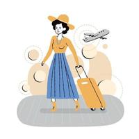 Reisendes Mädchen im Kleid, das Gepäck mit Flugzeug und abstraktem grafischem Vektor im Hintergrund hält
