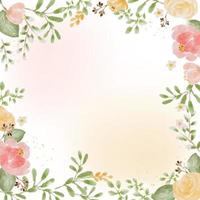 lös akvarell färgglada rosor och vilda blommor bukett med gyllene lyxiga fyrkantiga ram bröllopsinbjudan kortmall vektor