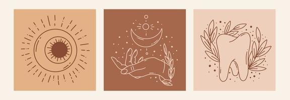 Boho Mystic Doodle Esoterisches Set. Magic Line Art Poster mit Mond, Hand, Blume, Zahn, Auge. böhmische moderne vektorillustration vektor