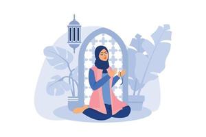 muslimische frau betet zu allah während der flachen vektorillustration des salatvektors. islammädchen, das mit bettelndem handgesten-charakterdesign sitzt