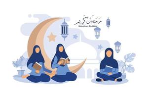 frauen mit hijab, die koran-vektorillustration lesen. glückliches eid mubarak und ramadan-konzept vektor