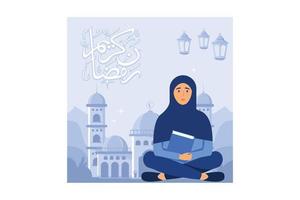 läser den heliga Koranens platt designkoncept. kvinnor som läser koranen i månaden ramadan, muslimer reciterar verser. kan användas för webbmålsida, banner, ui. vektor illustration