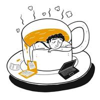 Tecknad filmman som sover eller vilar i kaffekoppen vektor