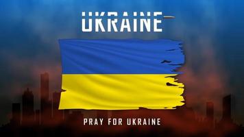 die Nationalflagge der Ukraine. zerrissene Flagge auf dem Hintergrund des Himmels und die Silhouette der von Bomben zerstörten Stadt. Banner, das der Tragödie in der Ukraine gewidmet ist.