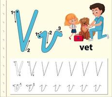 Arbeitsblätter für Buchstaben-V-Tracing-Alphabete vektor