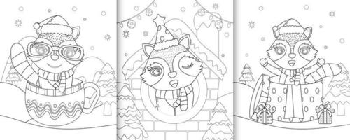 Malbuch mit süßen Waschbär-Weihnachtsfiguren vektor